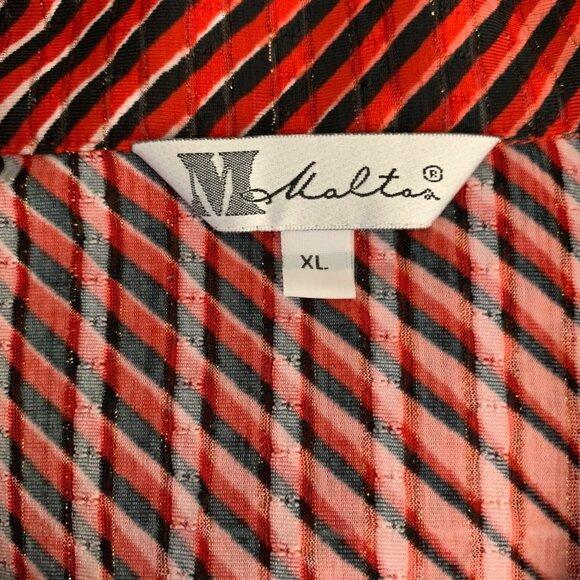 Vintage 90s Maltos Button Up Club Shirt XL Red Striped Stretch Knit Short Sleeve - Picture 7 of 7